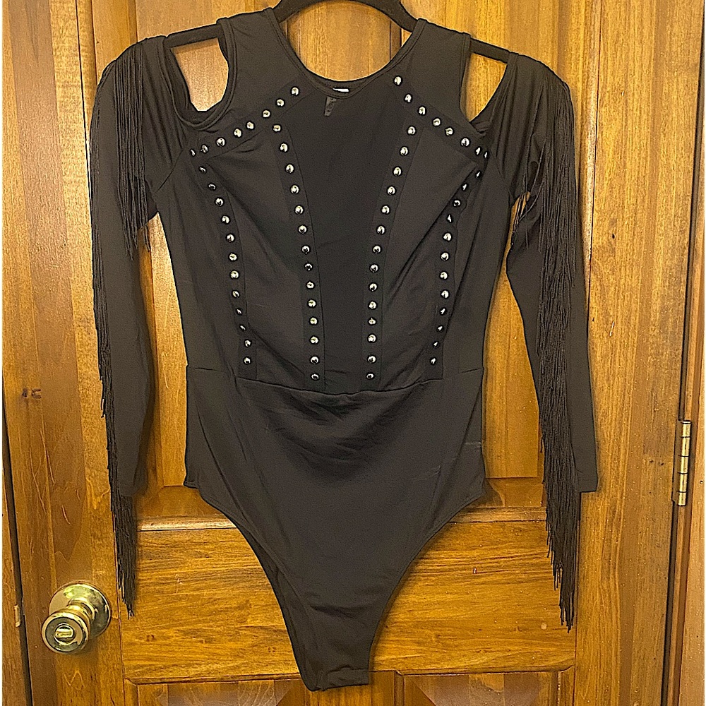 Cold shoulder fringed, meshed and studded Bodysuit in black